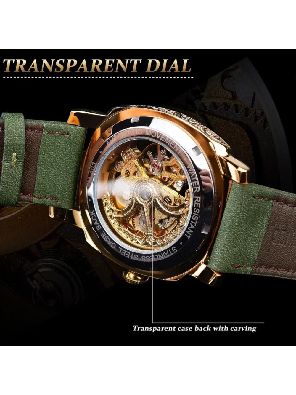 Mens Army Green Square Mechanical Leather Strap Self-Wind Carved Automatic Watch